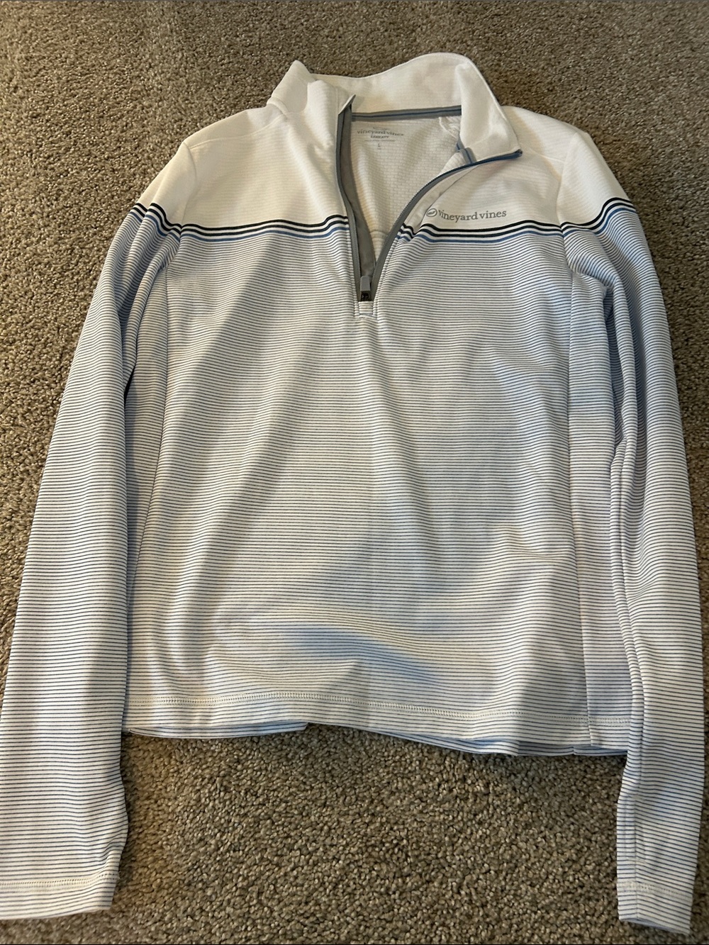 Boys size Large Vineyard Vines White and Light Blue Striped Quarter-Zip Sankaty
